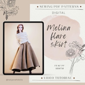 Könnte beinhalten: Digitales Schnittmuster für einen Melina-Flared-Rock. Das Bild zeigt eine Puppe, die einen beigen Rock und einen weißen Pullover trägt. Der Text auf dem Bild lautet "Melina flare skirt" und "Video Tutorial".