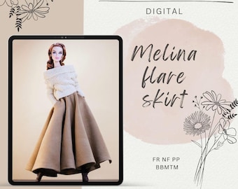 Patrón digital en PDF de falda acampanada Melina para muñecas Fashion Royalty, Nu Face, Poppy Parker, Integrity Toys y BBMTM + Videotutorial