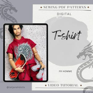 May include: A doll wearing a red t-shirt with a white and gray graphic, red pants, and gray sneakers, holding a red skateboard. The image includes the text "T-shirt", "FR HOMME", and "SEWING PDF PATTERNS".