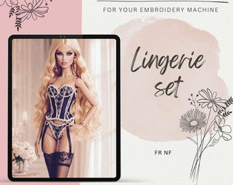 Op de afbeelding: Digitaal borduurontwerp voor lingeriesets. De afbeelding toont een pop in een zwart-witte lingerieset. De tekst op de afbeelding luidt "Lingerie set" en "Digital Embroidery for your embroidery machine".