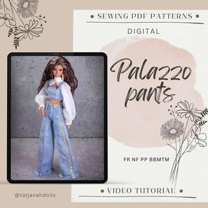 May include: A doll wearing a light blue denim outfit, including a crop top and wide-leg pants with a gold stripe. The image is on a tablet screen, with text that reads "Pala220 pants" and "Sewing PDF Patterns".