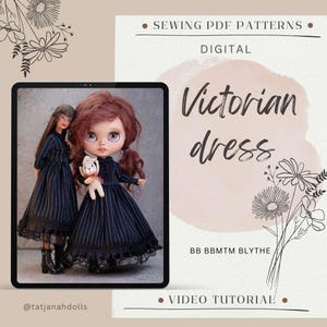May include: Digital sewing pattern for a Victorian dress, featuring two dolls in black dresses with white pinstripes. The image includes text that reads "Victorian dress" and "Sewing PDF Patterns".