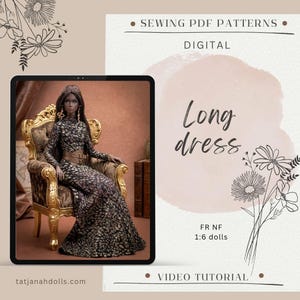 PDF Digital Pattern long dress + belt for Fashion Royalty Nu Face dolls (Integrity toys) + VIDEO Tutorial
