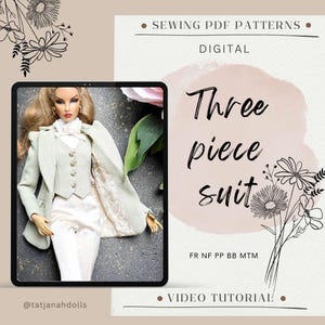 Könnte beinhalten: Digitales Schnittmuster für einen dreiteiligen Anzug. Das Bild zeigt eine Puppe in einem hellgrünen Anzug mit passender Weste und weißer Hose. Der Text auf dem Bild lautet "Three piece suit" und "Video Tutorial".