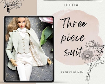 PDF Digital Pattern three piece suit pants vest blazer for Fashion Royalty, Nu Face, Poppy Parker, Integrity toys, BBMTM + Video Tutorial