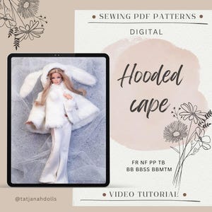 Könnte beinhalten: Eine Puppe in einem weißen Kapuzenmantel mit Hasenohren und passender Hose. Das Bild ist auf einem Tablet mit dem Text "Hooded cape" und "Sewing PDF Patterns". Der Hintergrund ist hellbeige mit floralen Illustrationen.