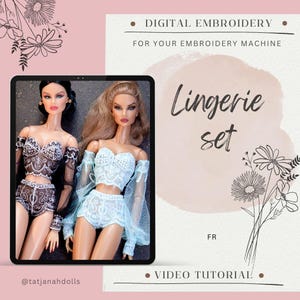 Könnte beinhalten: Digitales Stickdesign für Dessous-Sets. Das Bild zeigt zwei Puppen in aufwendiger Dessous. Der Text auf dem Bild lautet "Lingerie set" und "Digital Embroidery for your embroidery machine". Der Hintergrund ist rosa mit floralen Akzenten.