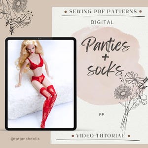 Könnte beinhalten: Digitales Schnittmuster für Puppenunterwäsche. Das Bild zeigt eine Puppe in roter Unterwäsche, darunter ein BH, ein Höschen und Overknee-Strümpfe. Der Text auf dem Bild lautet "Panties + socks" und "Sewing PDF Patterns".