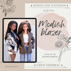 Könnte beinhalten: Werbung für digitale Schnittmuster mit zwei Puppen, die Blazer tragen. Der Text auf dem Bild lautet "Modish blazer" und "Sewing PDF Patterns". Die Puppen werden auf einem Tablet-Bildschirm angezeigt. Der Hintergrund ist hellbeige mit floralen Illustrationen.