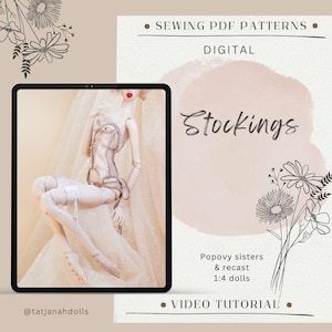 Könnte beinhalten: Digitale Werbung für Schnittmuster. Das Bild zeigt eine Puppe in Korsett und Strümpfen, mit dem Wort "Stockings" in Schreibschrift. Der Text enthält "Sewing PDF Patterns", "Digital" und "Video Tutorial."