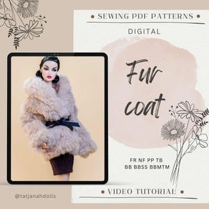 Könnte beinhalten: Ein digitales Schnittmuster für einen Pelzmantel, dargestellt auf einem Tablet. Das Bild zeigt eine Puppe in einem beigefarbenen Pelzmantel mit einem schwarzen Gürtel. Der Text lautet "Fur coat" und "Sewing PDF Patterns".