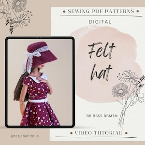 Może przedstawiać: Lalka w bordowym filcowym kapeluszu z białym koronkowym wykończeniem i pasującą sukienką z białymi kwiatowymi wzorami. Obraz zawiera tekst „Felt hat” i „Sewing PDF Patterns”.