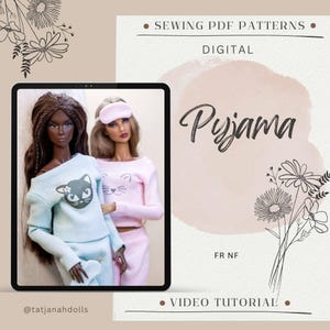 May include: Digital sewing pattern for doll pajamas. The image shows two dolls wearing matching pajama sets. One doll is in a light blue set with a cat face, and the other is in a pink set with a cat face. The word "Pyjama" is written in cursive.