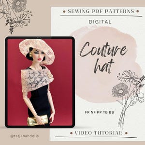 Könnte beinhalten: Eine Puppe trägt ein schwarzes Kleid, einen beigefarbenen Spitzenschal und einen passenden Hut. Das Bild enthält den Text "Couture hat" und "Sewing PDF Patterns". Die Puppe hält eine goldene Clutch. Der Hintergrund ist rotbraun.