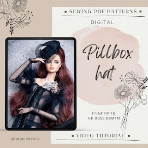 May include: A digital sewing pattern advertisement featuring a doll wearing a black pillbox hat with a veil. The text on the image reads "Pillbox hat", "Sewing PDF Patterns", and "Video Tutorial". The doll has long red hair and is wearing a black dress.