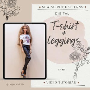 Könnte beinhalten: Eine Puppe in einem weißen T-Shirt und schwarzen Leggings wird auf einem Tablet gezeigt, das für ein Schnittmuster wirbt. Das Bild enthält den Text "T-shirt + leggings" und "Sewing PDF Patterns".