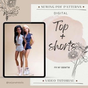 Könnte beinhalten: Ein digitales Schnittmuster für Oberteile und Shorts wird auf einem Tablet angezeigt. Zwei Puppen sind in Jeans-Oberteilen und -Shorts gekleidet. Der Text "Top + shorts" ist in einer handschriftlichen Schrift geschrieben. Das Bild enthält auch den Text "SEWING PDF PATTERNS" und "VIDEO TUTORIAL".