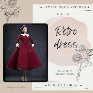 Könnte beinhalten: Ein digitales Schnittmuster für ein Retro-Kleid, das auf einem Tablet angezeigt wird. Das Kleid ist tiefrot mit weißem Kragen und Manschetten. Das Bild enthält den Text "Retro dress", "Sewing PDF Patterns" und "Video Tutorial".