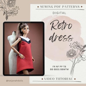 May include: A doll wearing a red retro dress with a white and black neckline is displayed on a tablet. The image is part of a digital sewing pattern advertisement. Text on the image includes "Retro dress", "Sewing PDF Patterns", and "Video Tutorial".