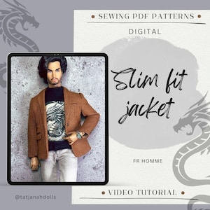 May include: A digital sewing pattern advertisement featuring a doll wearing a brown slim-fit jacket. The image includes the text "Slim fit jacket," "Sewing PDF Patterns," and "Video Tutorial." The doll is wearing a black shirt with a graphic design and light gray pants.