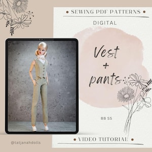 Könnte beinhalten: Eine Puppe in einem grünen Weste- und Hosenanzug wird auf einem Tablet-Bildschirm gezeigt. Das Bild ist Teil einer digitalen Schnittmusterwerbung. Auf dem Bildschirm steht "Vest + pants". Der Hintergrund enthält Blumenillustrationen und den Text: "SEWING PDF PATTERNS" und "VIDEO TUTORIAL".