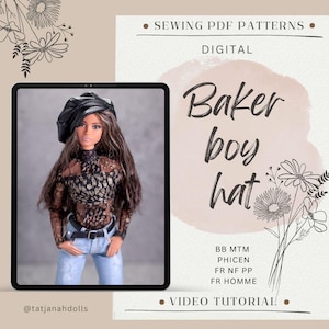 May include: A doll wearing a black baker boy hat, a black and gold patterned top, and blue jeans. The image is a digital sewing pattern for a baker boy hat, with the text "Baker boy hat" and "Video Tutorial".