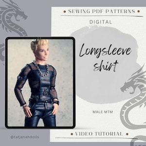 Könnte beinhalten: Ein digitales Schnittmuster für ein Langarmshirt, dargestellt auf einem Tablet. Das Bild zeigt eine Puppe in einem schwarzen Mesh- und Leder-Look-Outfit. Der Text enthält "SEWING PDF PATTERNS", "DIGITAL", "Longsleeve shirt" und "MALE MTM".