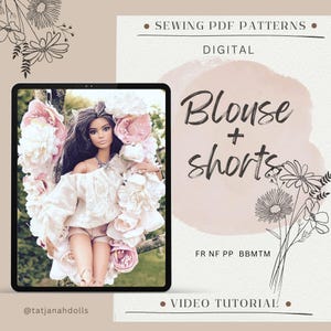 May include: A digital sewing pattern advertisement featuring a doll wearing a white blouse and shorts, surrounded by pink flowers. The text reads "Blouse + shorts" and "Sewing PDF Patterns". The image includes the Instagram handle @tatjanahdolls.