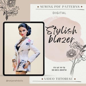 Könnte beinhalten: Digitale Näh-PDF-Muster für einen stilvollen Blazer. Das Bild zeigt eine Puppe, die einen weißen Blazer mit floralen Akzenten trägt. Der Text auf dem Bild lautet "Stylish blazer" und "Video Tutorial".