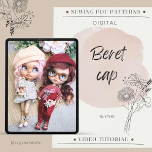 Könnte beinhalten: Digitales Schnittmuster für eine Barettmütze, mit dem Wort "Beret cap" in handschriftlicher Schrift. Das Bild zeigt zwei Puppen mit Barettmützen. Der Text "Sewing PDF Patterns" und "Video Tutorial" sind ebenfalls sichtbar.