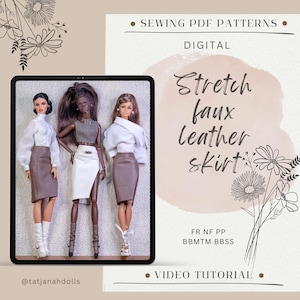 Op de afbeelding: Drie modepoppen met rokken en tops worden getoond op een tabletscherm. De rokken zijn van imitatieleer in bruin- en wittinten. De tekst op het scherm luidt "Stretch faux leather skirt". De afbeelding bevat ook de tekst "Sewing PDF Patterns" en "Video Tutorial".