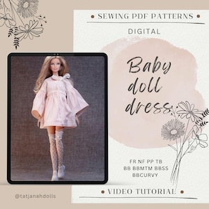 May include: A doll wearing a light pink baby doll dress with bell sleeves and white lace stockings. The image is framed by a digital tablet and includes text that reads "Baby doll dress" and "Sewing PDF Patterns".