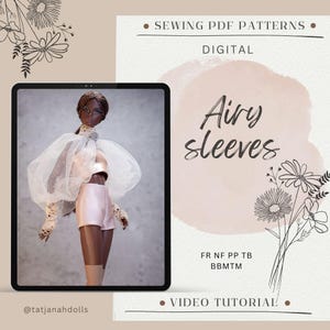 May include: A doll wearing a light pink outfit with airy white sleeves, displayed on a tablet. The image is an advertisement for sewing patterns, with the text "Airy Sleeves" and "Sewing PDF Patterns" visible.