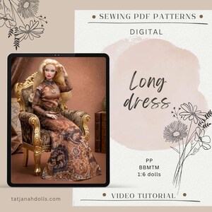 PDF Digital Pattern long dress with sleeves for Poppy Parker ( Integrity toys) and BB MTM 1:6 12 inch fashion dolls + Video Tutorial