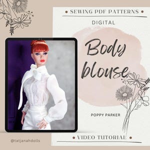 Könnte beinhalten: Werbung für ein digitales Schnittmuster mit einer Puppe in einer weißen Bluse und Hose. Der Text lautet "Body blouse" und "Sewing PDF Patterns". Der Hintergrund ist beige mit floralen Illustrationen und dem Text "Video Tutorial."