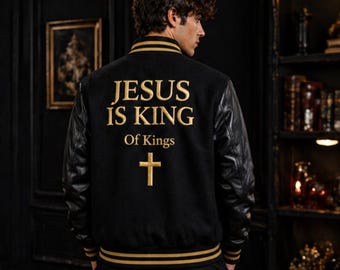 Christian Varsity Jacket Men, Jesus Is King  , Black Gold  , Cross Bomber Jacket