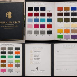 K&ouml;nnte beinhalten: Ein schwarzes Prime Aura Craft Premium-Farbmusterbuch mit goldener Schrift. Das Buch enth&auml;lt Seiten mit 72 nummerierten Stofffarbmustern, eine Informationsseite zur Stoffqualit&auml;t und eine linierte Seite f&uuml;r Notizen mit Kontaktdaten.
