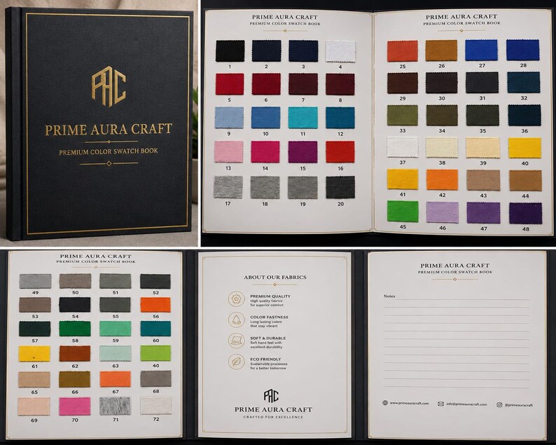 K&ouml;nnte beinhalten: Ein schwarzes Prime Aura Craft Premium-Farbmusterbuch mit goldener Schrift. Das Buch enth&auml;lt Seiten mit 72 nummerierten Stofffarbmustern, eine Informationsseite zur Stoffqualit&auml;t und eine linierte Seite f&uuml;r Notizen mit Kontaktdaten.