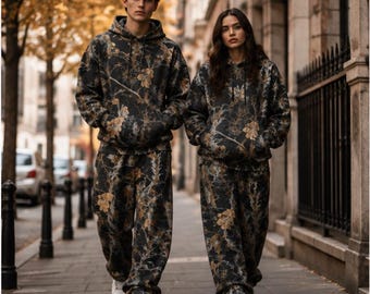 Schwarzer Trainingsanzug mit Blumenmuster, Partner-Set, Botanischer Trainingsanzug, Unisex-Hoodie & Hose, Individuelle Streetwear