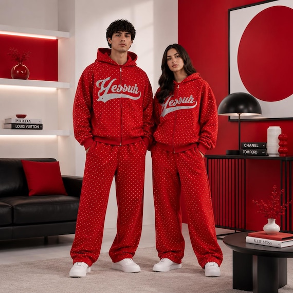 Rhinestone Tracksuit  , Embroidered  Set, Cotton Fleece Sweat Suit, Luxury Streetwear  , Oversized Hoodie Set