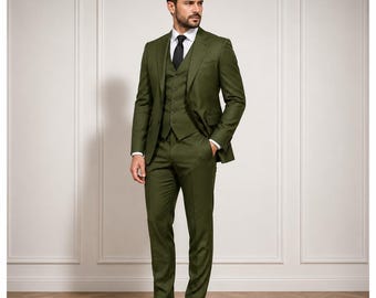 Traje de 3 piezas verde oliva, conjunto de chaqueta, chaleco y pantalón de corte ajustado.