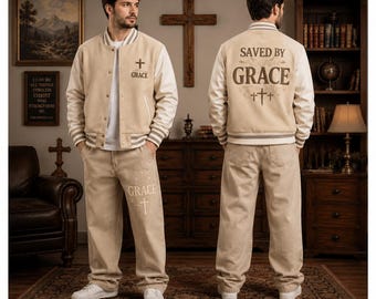 Saved By Grace Christian Varsity Jacket & Denim Pants Set – Full Embroidery Faith Outfit