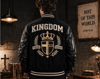 Kingdom Varsity Jacket Men, Christian Bomber, Faith Streetwear, Letterman Jacket, Cross Style