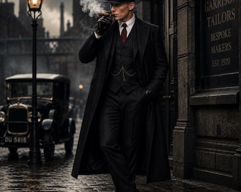 Completo gessato a tre pezzi ispirato agli anni '20 di Peaky Blinders, set con cappotto in stile Thomas Shelby, abito da sposo vintage da gangster per uomo