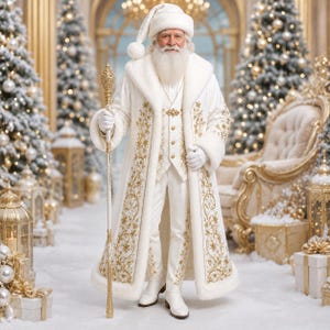 Può includere: Una persona vestita da Babbo Natale con un lungo cappotto bianco con ricami dorati, gilet e pantaloni abbinati e un cappello bianco bordato di pelliccia. L'abbigliamento include guanti e stivali bianchi. La figura regge un alto bastone dorato.