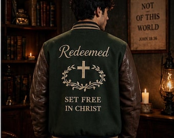 Men's Redeemed Varsity Jacket, Christian Faith Streetwear, Set Free Bomber
