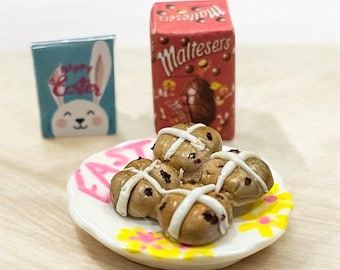 Miniature Easter sets- Hot cross buns and Easter Egg- Chocolate set - handmade dolls house food. Miniature play food.