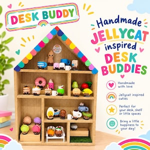 May include: A wooden house-shaped shelf containing numerous miniature clay figurines of food and objects with smiling faces. The text DESK BUDDY and Handmade JELLYCAT inspired DESK BUDDIES appears alongside icons and bullet points describing the items.