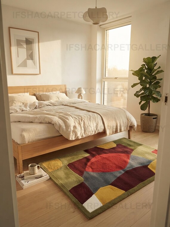 Hand Tufted Geometric Wool Rug | Colorful Living Room Carpet, Bedroom Floor Décor