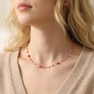 14K Gold Plated Delicate Chain Pink Gradient Natural Stone Beaded Necklace,   Dainty Jewelry, Hypoallergenic Romantic Statement Necklace